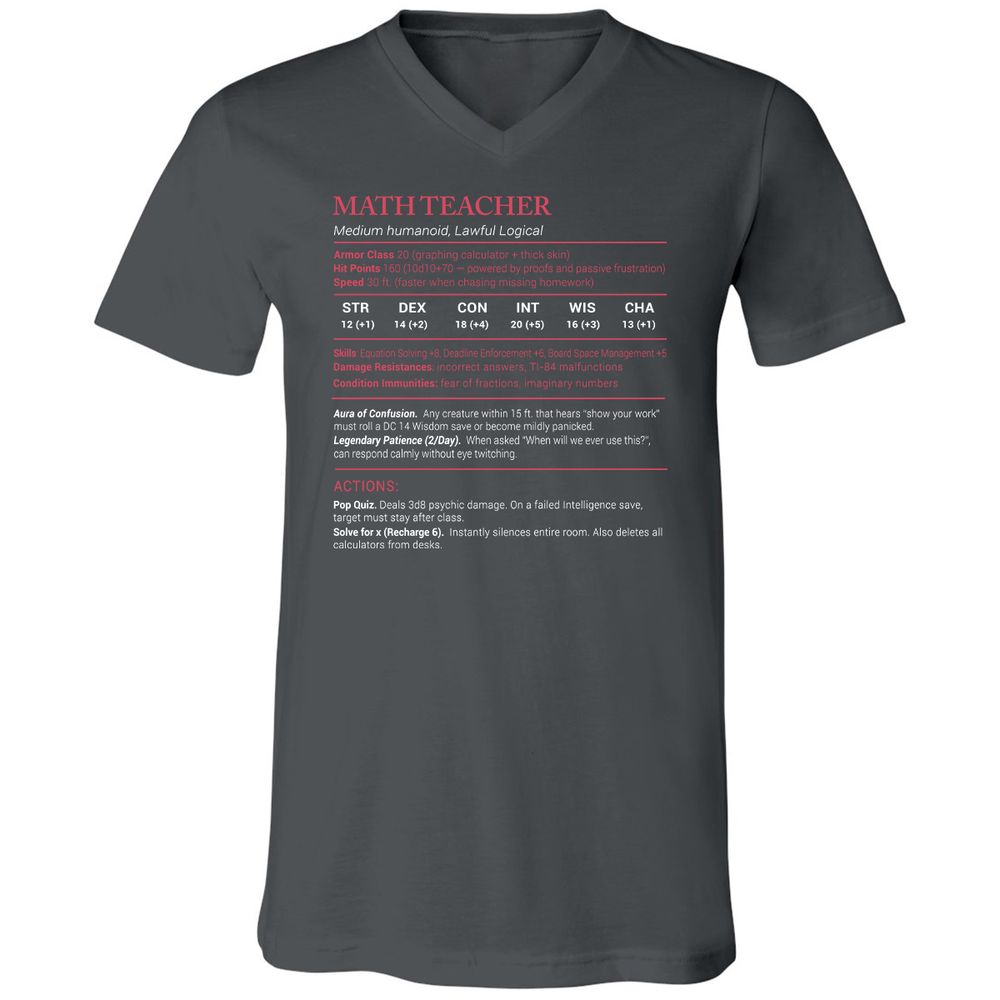 Math Teacher Stats Unisex V-Neck T-Shirt - Asphalt - 12