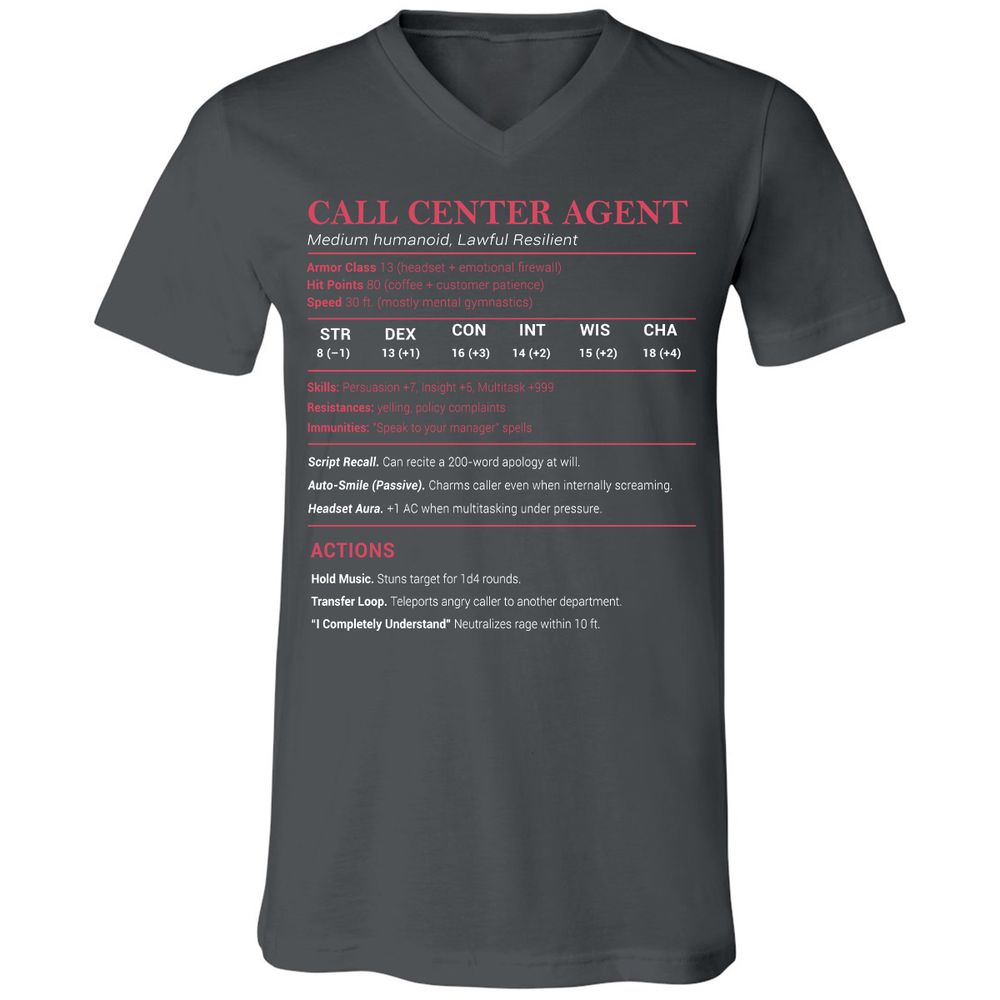 Call Center Agent Stats Unisex V-Neck T-Shirt - Asphalt - 12