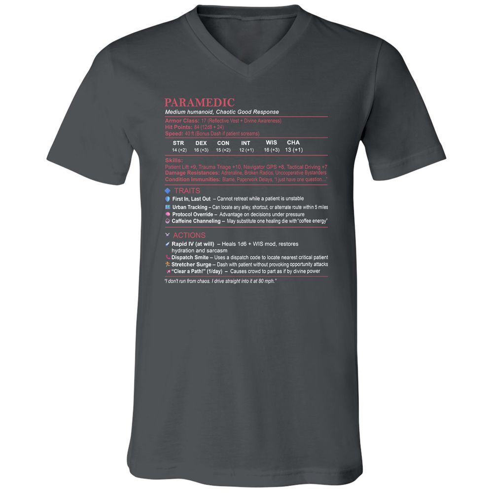 Paramedic Stats Unisex V-Neck T-Shirt - Asphalt - 12