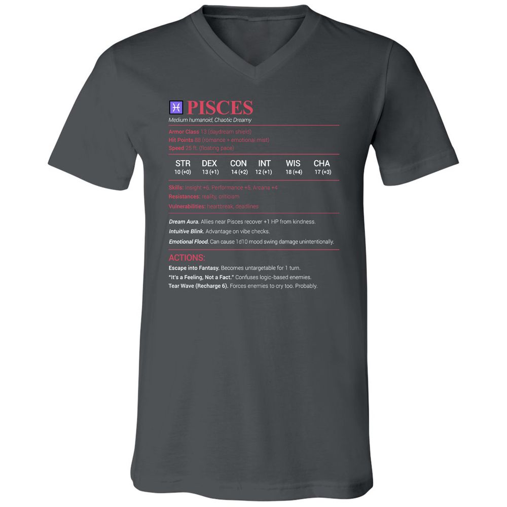 Pisces Stats Unisex V-Neck T-Shirt - Asphalt - 12