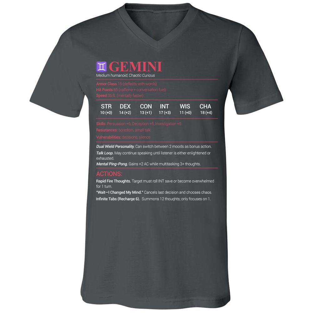 Gemini Stats Unisex V-Neck T-Shirt - Asphalt - 12