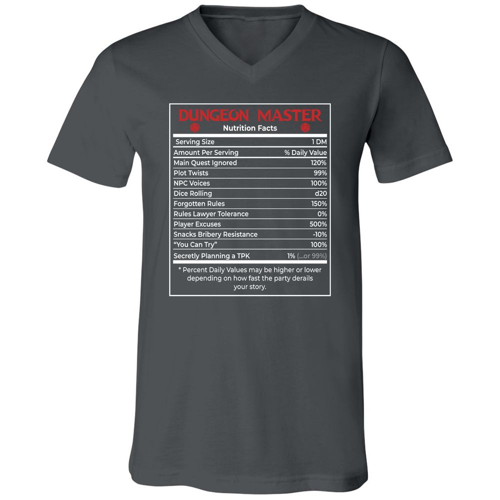 Dungeon Master Nutrition Facts Unisex V-Neck T-Shirt - Asphalt - 12