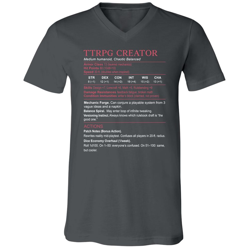 TTRPG Creator Stats Unisex V-Neck T-Shirt - Asphalt - 12
