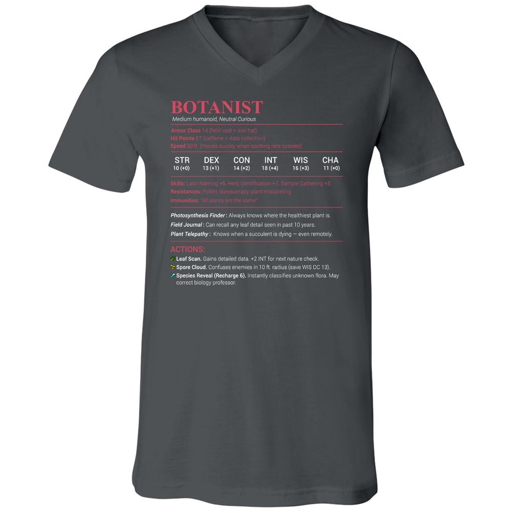Botanist Stats Unisex V-Neck T-Shirt - Asphalt - 12