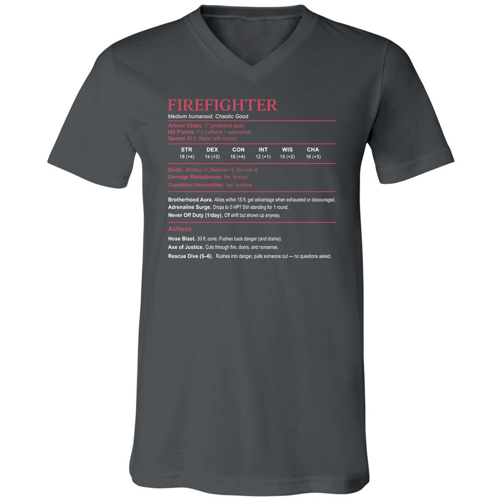 Firefighter Stats Unisex V-Neck T-Shirt - Asphalt - 12