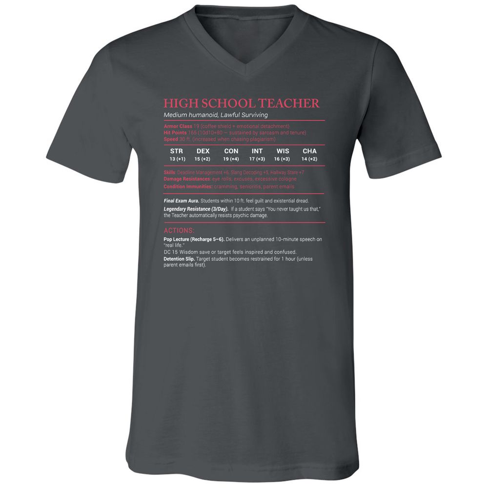 High School Teacher Stats Unisex V-Neck T-Shirt - Asphalt - 12