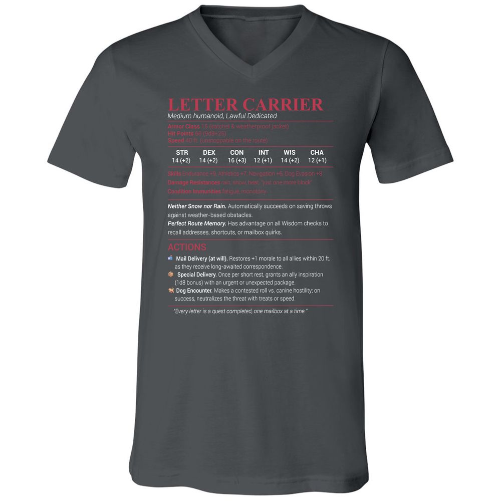 Letter Carrier Unisex V-Neck T-Shirt - Asphalt - 12
