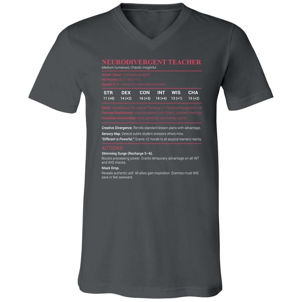 Neurodivergent Teacher Stats Unisex V-Neck T-Shirt - Asphalt - 12