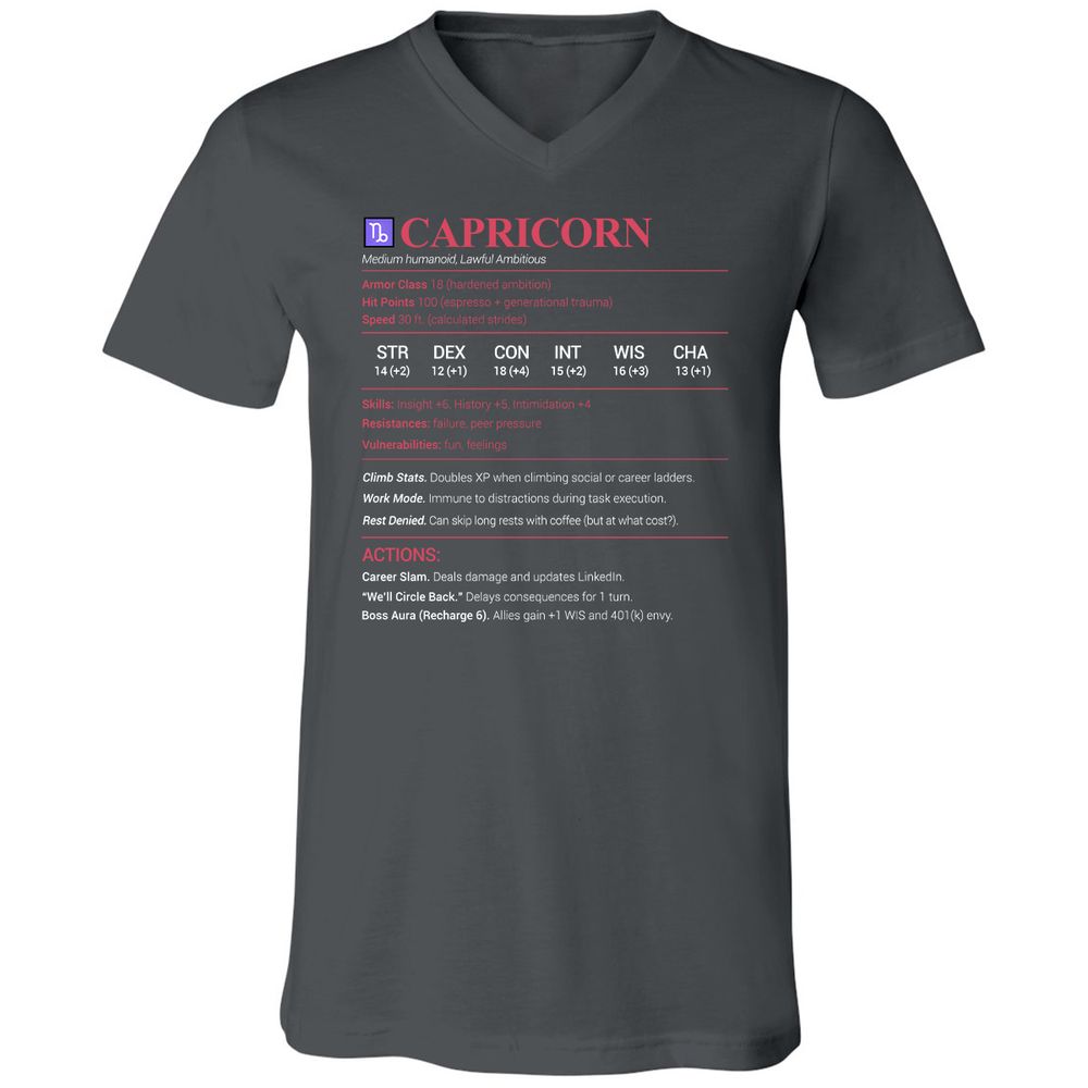 Capricorn Stats Unisex V-Neck T-Shirt - Asphalt - 12