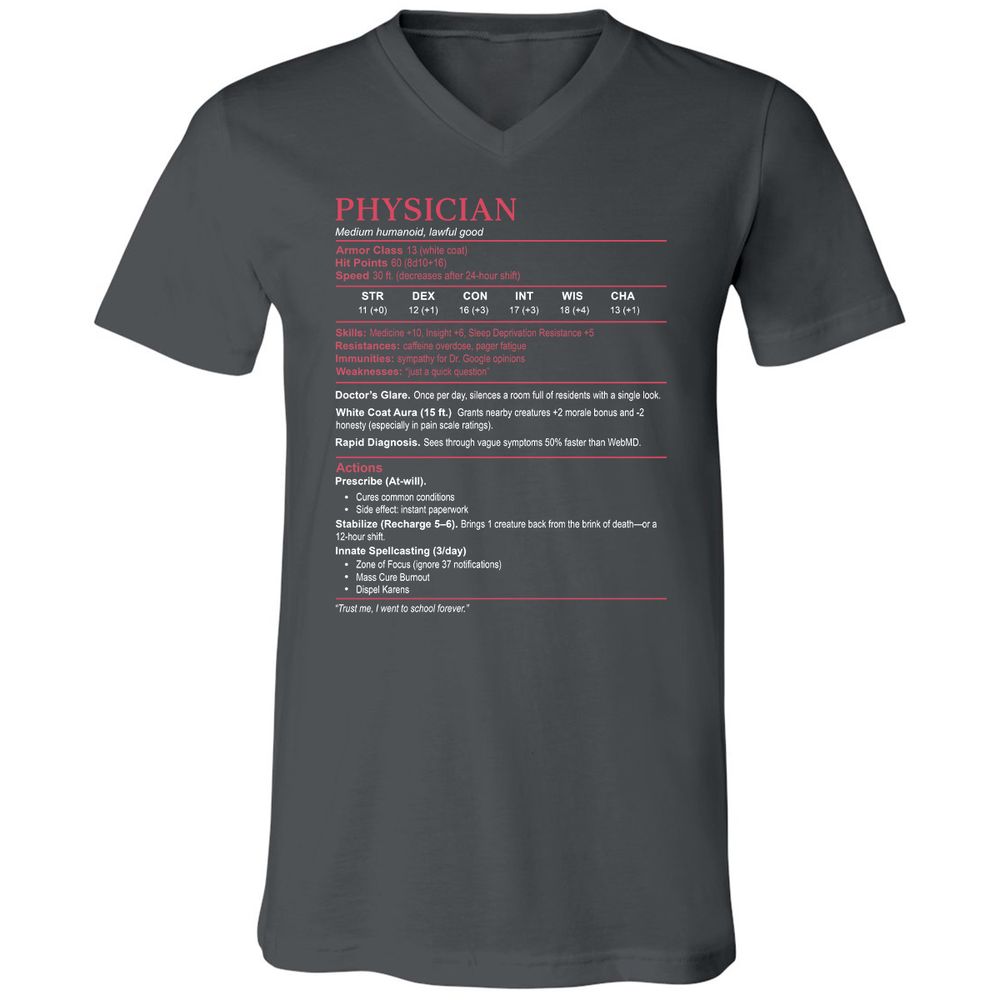 Physician Stats Unisex V-Neck T-Shirt - Asphalt - 12