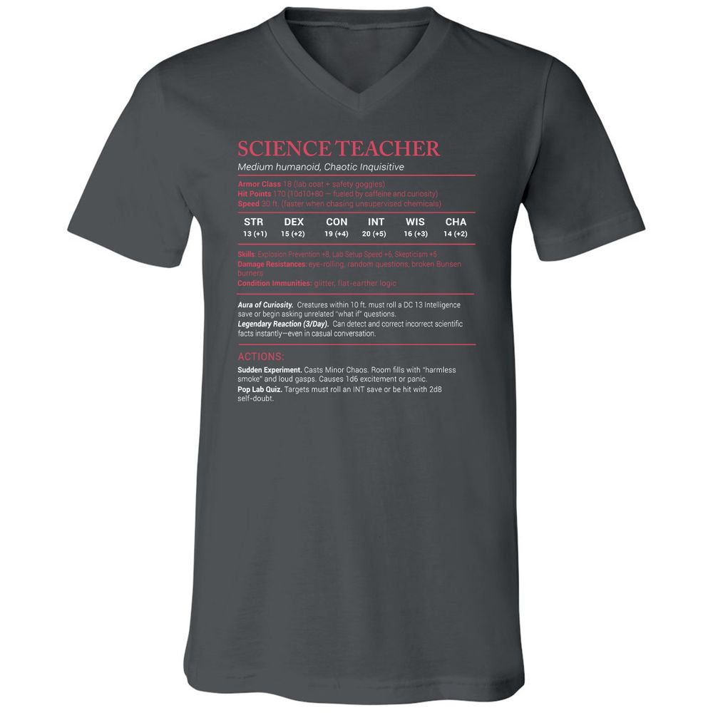 Science Teacher Stats Unisex V-Neck T-Shirt - Asphalt - 12