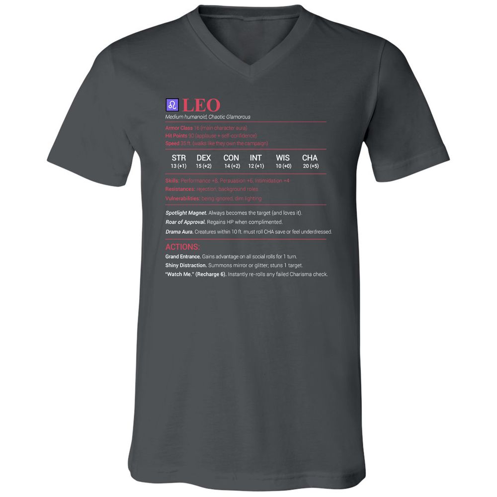 Leo Stats Unisex V-Neck T-Shirt - Asphalt - 12