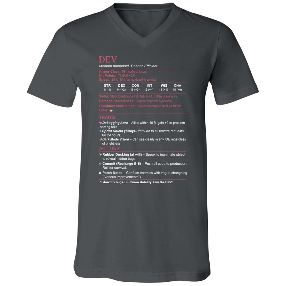 DEV Stats Unisex V-Neck T-Shirt - Asphalt - 12
