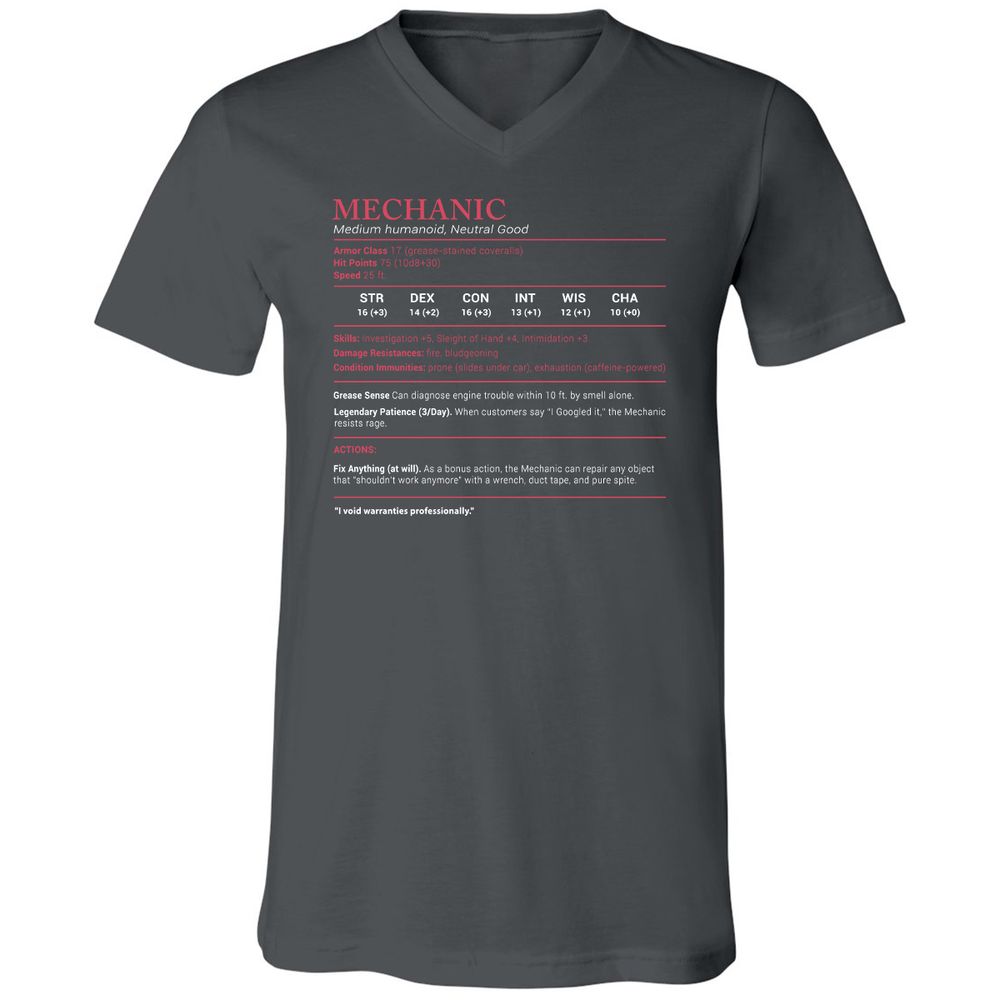 Mechanic Stats Unisex V-Neck T-Shirt - Asphalt - 12