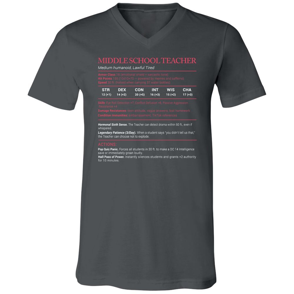 Middle School Teacher Stats Unisex V-Neck T-Shirt - Asphalt - 12
