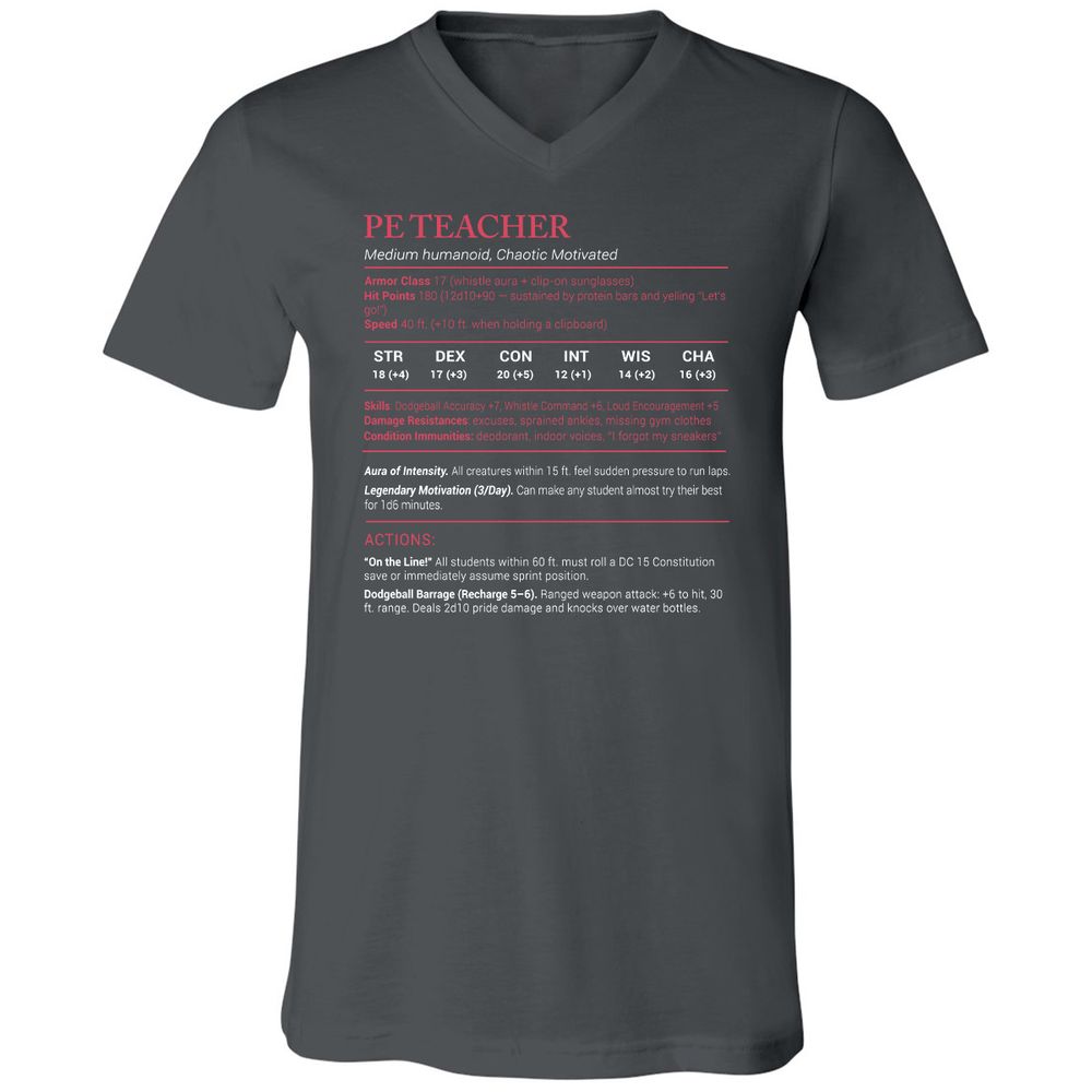 PE Teacher Stats Unisex V-Neck T-Shirt - Asphalt - 12