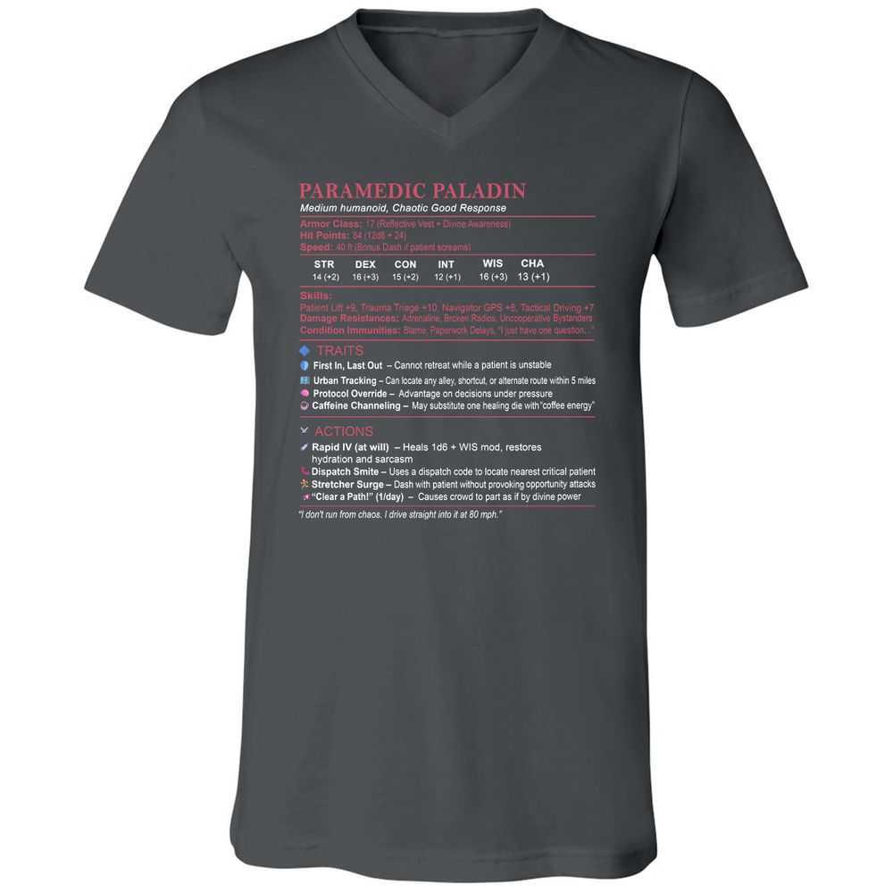 Paramedic Stats Unisex V-Neck T-Shirt - Asphalt - 12
