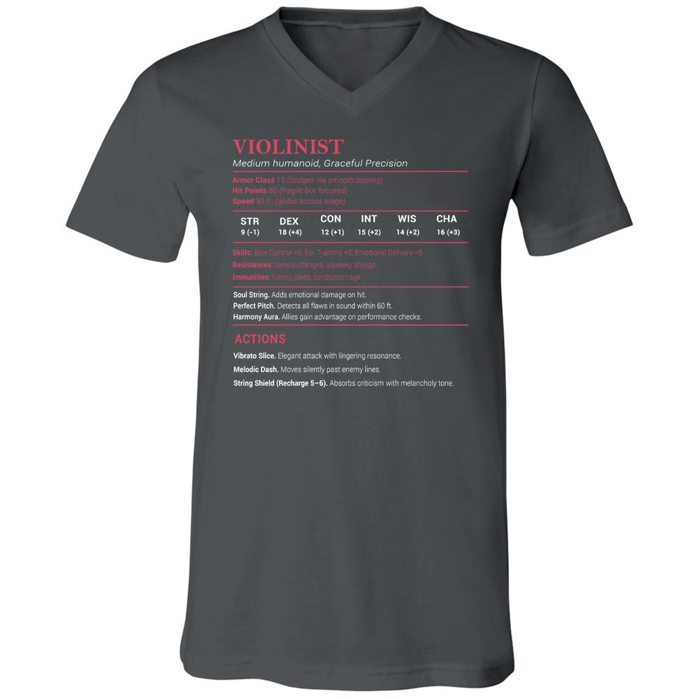 Violinist Stats Unisex V-Neck T-Shirt - Asphalt - 12