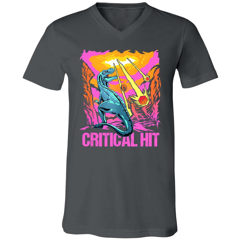 Dinosaur Critical Hit Unisex V-Neck T-Shirt - Asphalt - 12