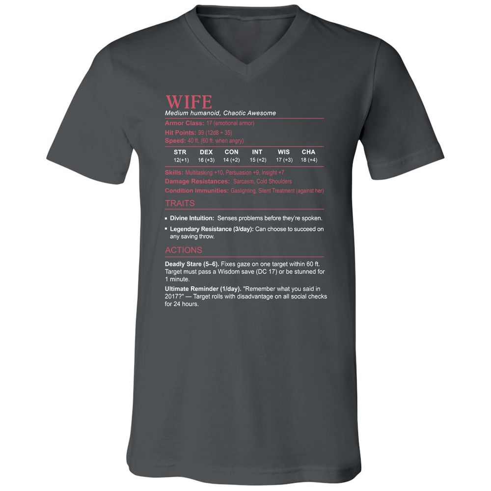 Wife Stats Unisex V-Neck T-Shirt - Asphalt - 12