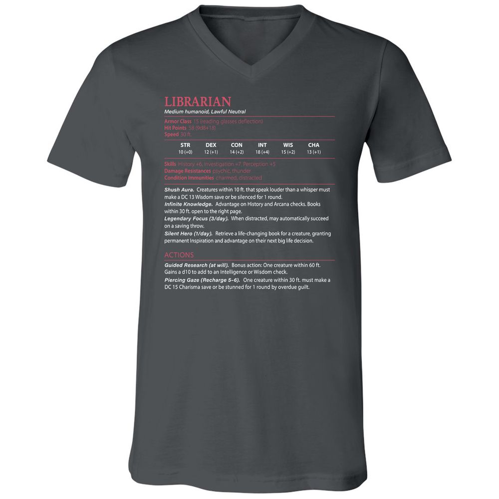 Librarian Stats Unisex V-Neck T-Shirt - Asphalt - 12