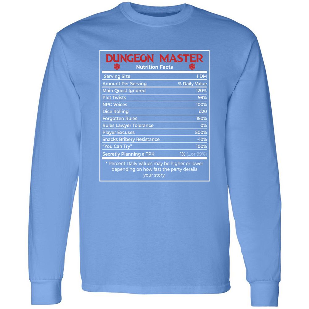 Dungeon Master Nutrition Facts Long Sleeve T-Shirt - Carolina Blue - 12