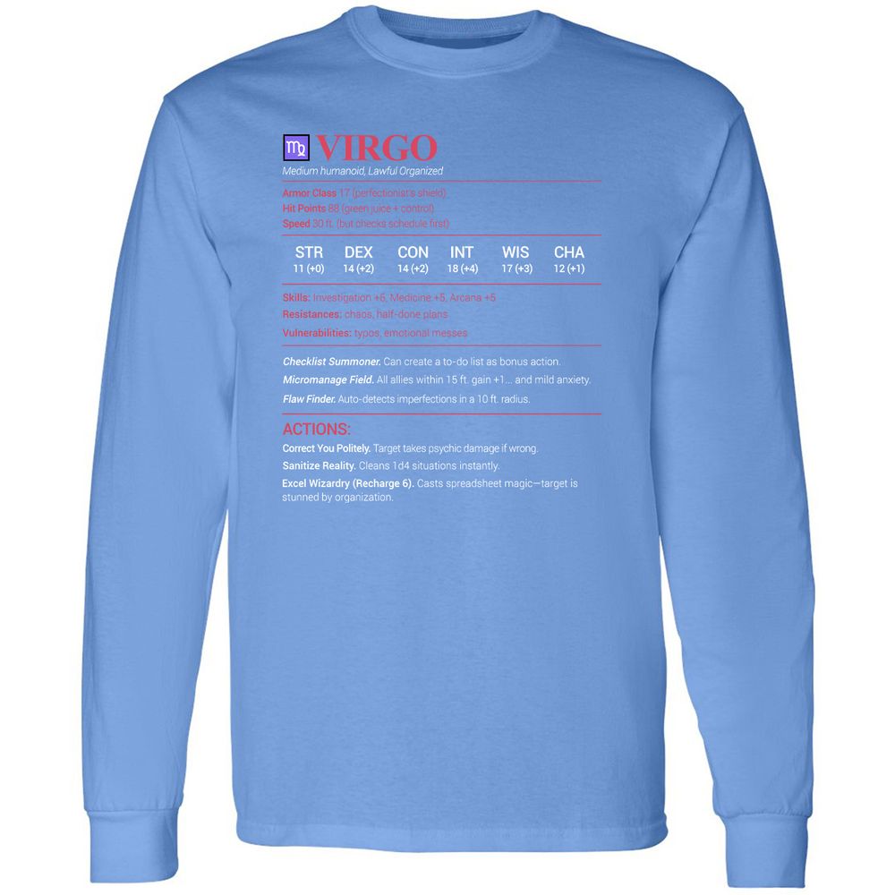 Virgo Stats Long Sleeve T-Shirt - Carolina Blue - 12