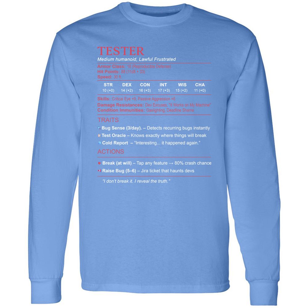 Tester Stats Long Sleeve T-Shirt - Carolina Blue - 12