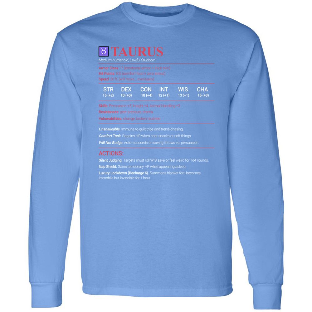 Taurus Stats Long Sleeve T-Shirt - Carolina Blue - 12