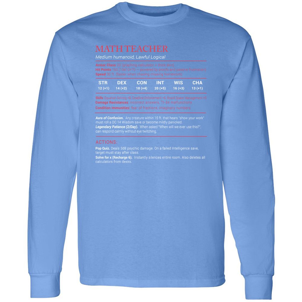 Math Teacher Stats Long Sleeve T-Shirt - Carolina Blue - 12