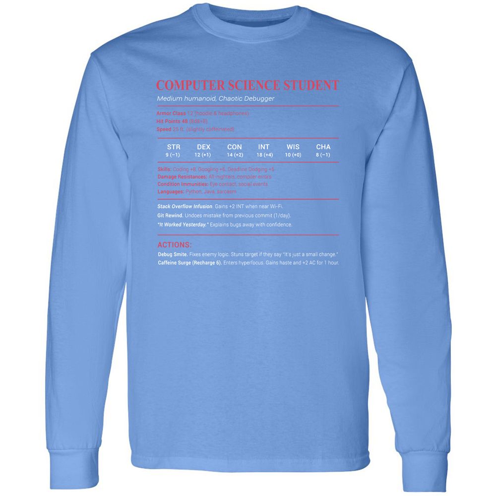 Computer Science Student Long Sleeve T-Shirt - Carolina Blue - 12
