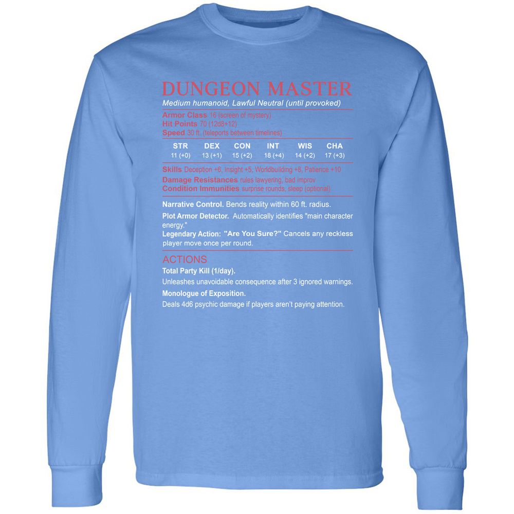 Dungeon Master Stats Long Sleeve T-Shirt - Carolina Blue - 12