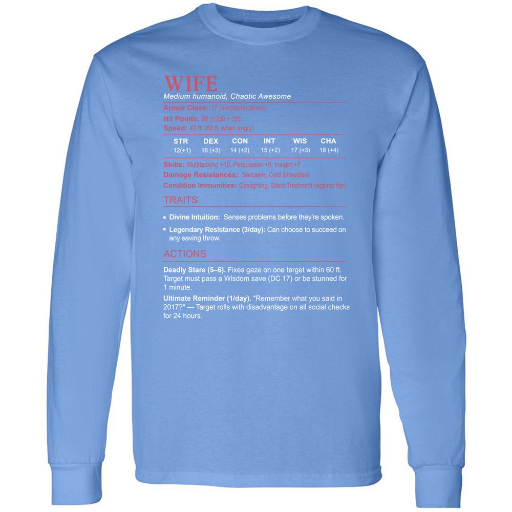 Wife Stats Long Sleeve T-Shirt - Carolina Blue - 12