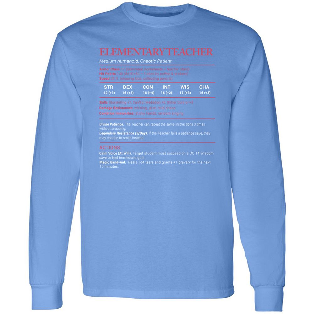 Elementary Teacher Stats Long Sleeve T-Shirt - Carolina Blue - 12