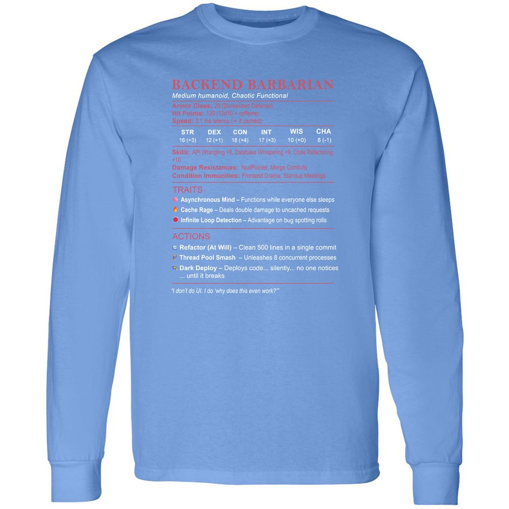 Backend Barbarian Stats Long Sleeve T-Shirt - Carolina Blue - 12