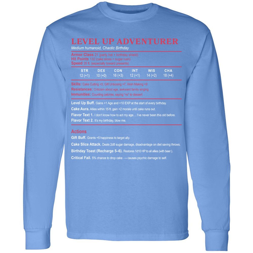 Level Up Adventurer Long Sleeve T-Shirt - Carolina Blue - 12