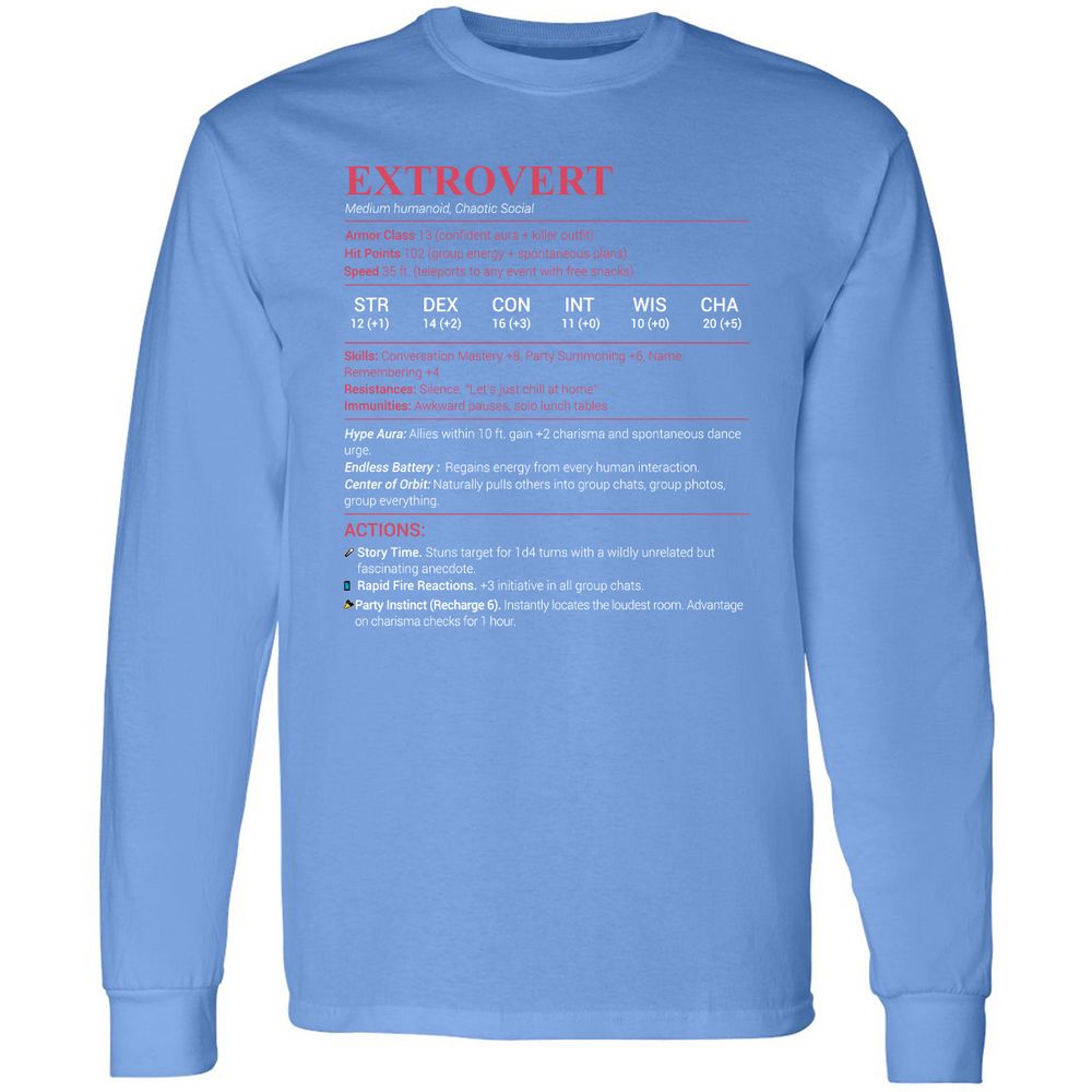 Extrovert Stats Long Sleeve T-Shirt - Carolina Blue - 12
