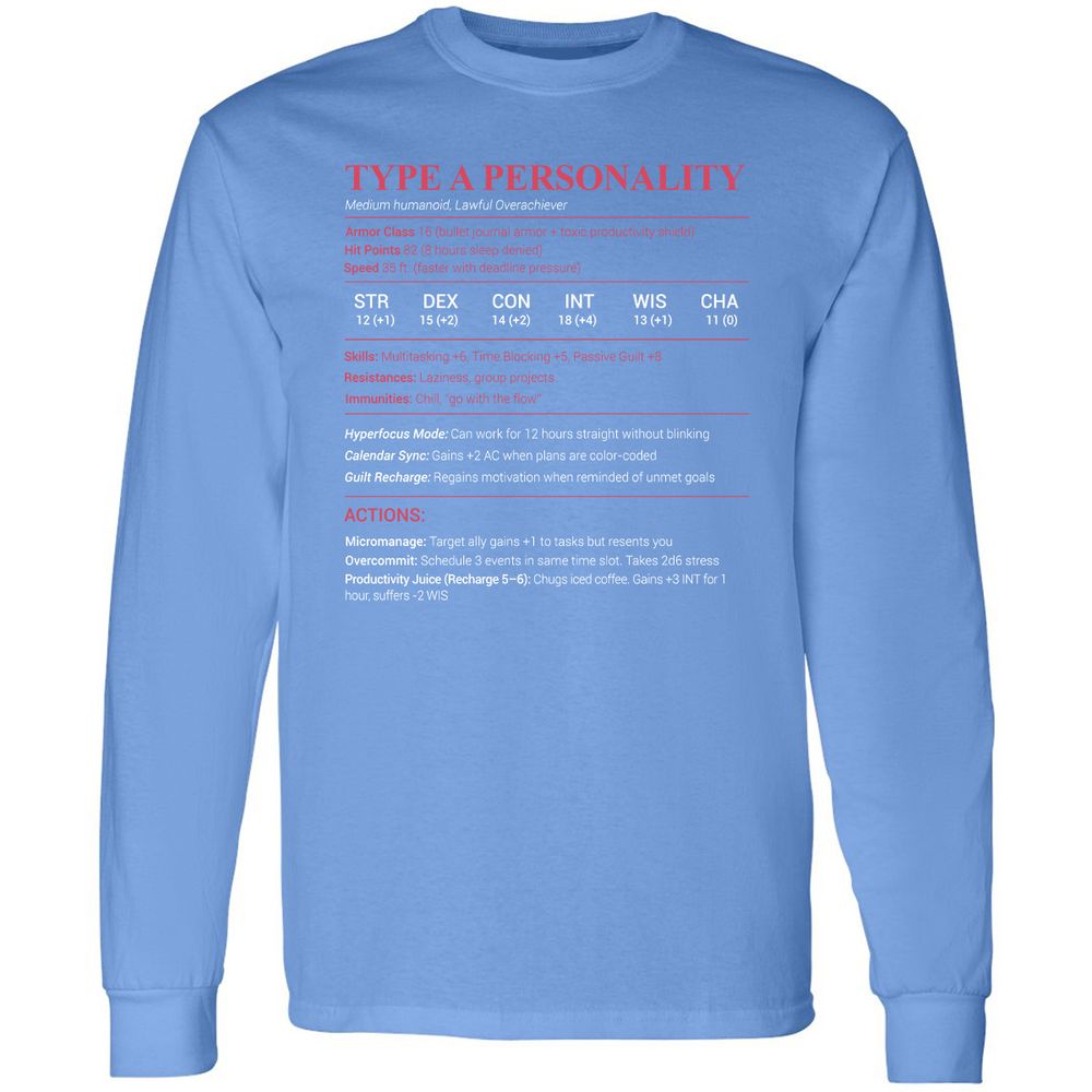 Type A Stats Long Sleeve T-Shirt - Carolina Blue - 12