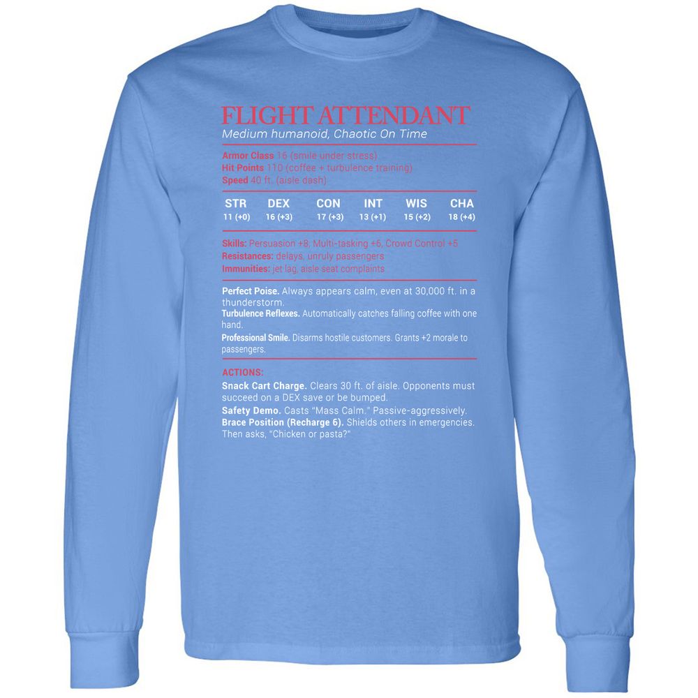 Flight Attendant Stats Long Sleeve T-Shirt - Carolina Blue - 12