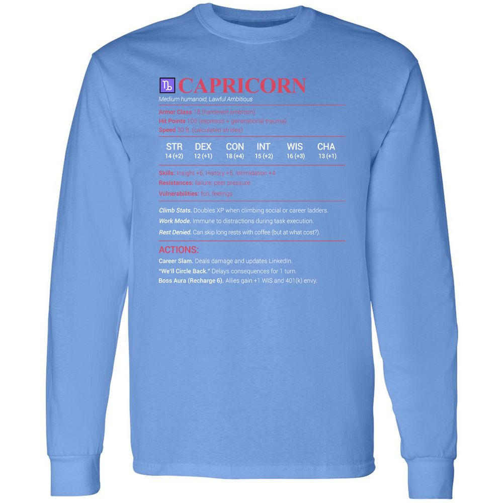 Capricorn Stats Long Sleeve T-Shirt - Carolina Blue - 12