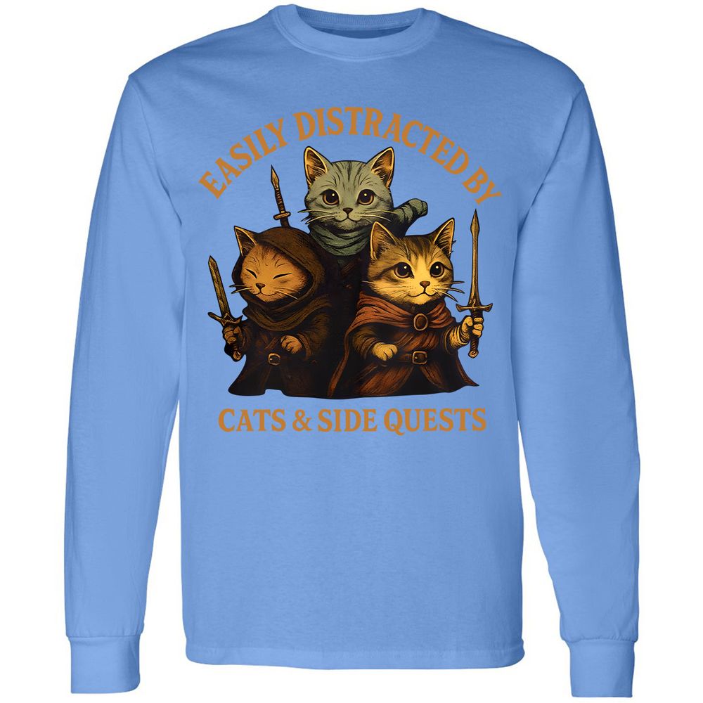 Easily Distracted By Cats & Side Quests Long Sleeve T-Shirt - Carolina Blue - 12