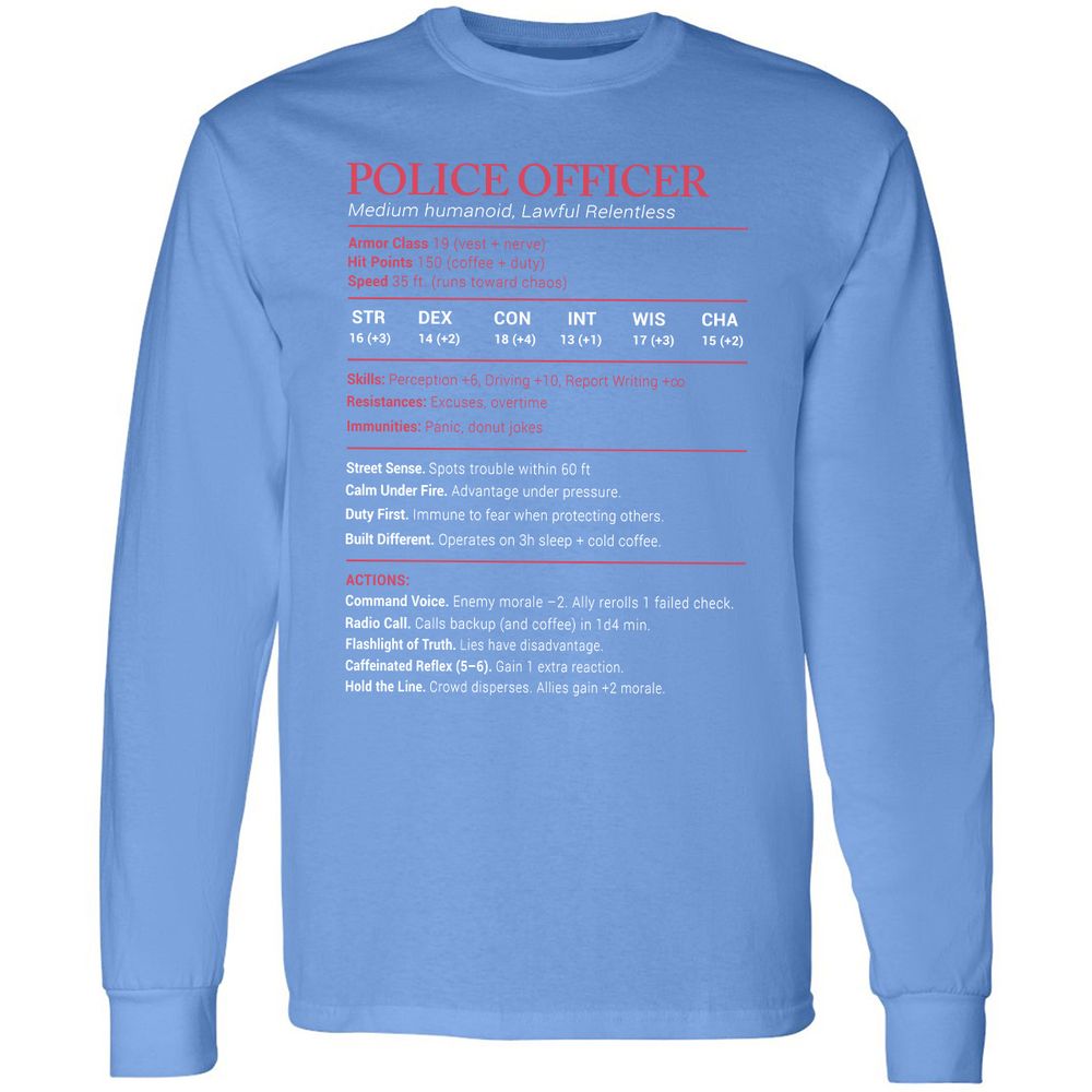 Police Officer Stats Long Sleeve T-Shirt - Carolina Blue - 12