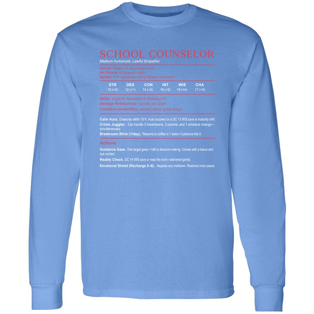 School Counselor Stats Long Sleeve T-Shirt - Carolina Blue - 12
