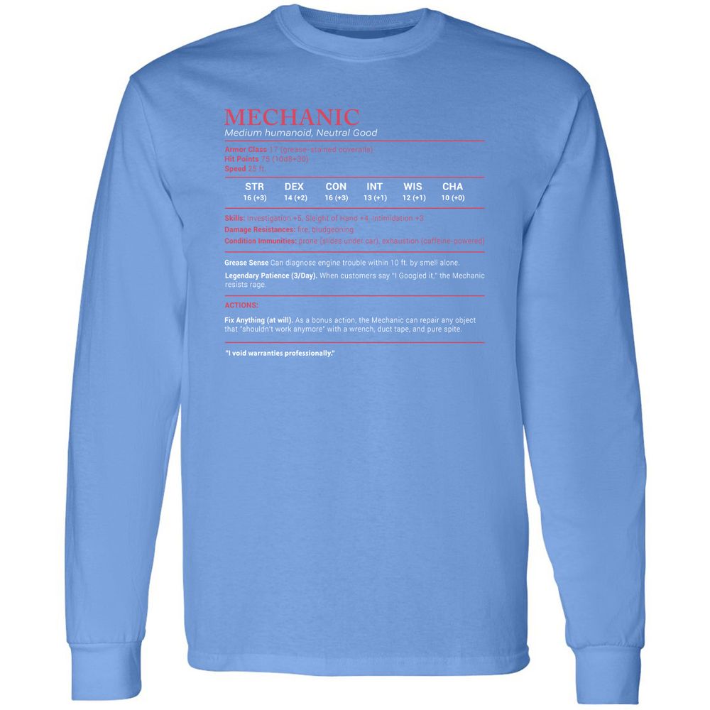 Mechanic Stats Long Sleeve T-Shirt - Carolina Blue - 12