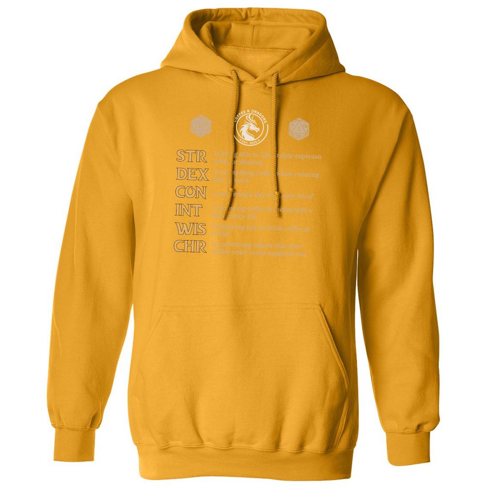Coffee & Dragons RPG Stats Classic Unisex Hoodie - Gold - 12
