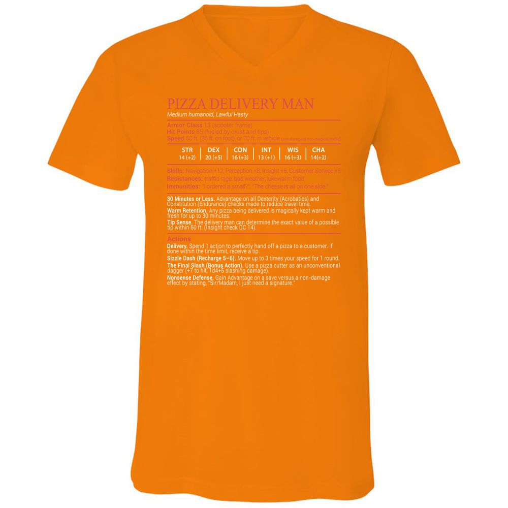 Pizza Delivery Man Stats Block Unisex V-Neck T-Shirt - Orange - 12