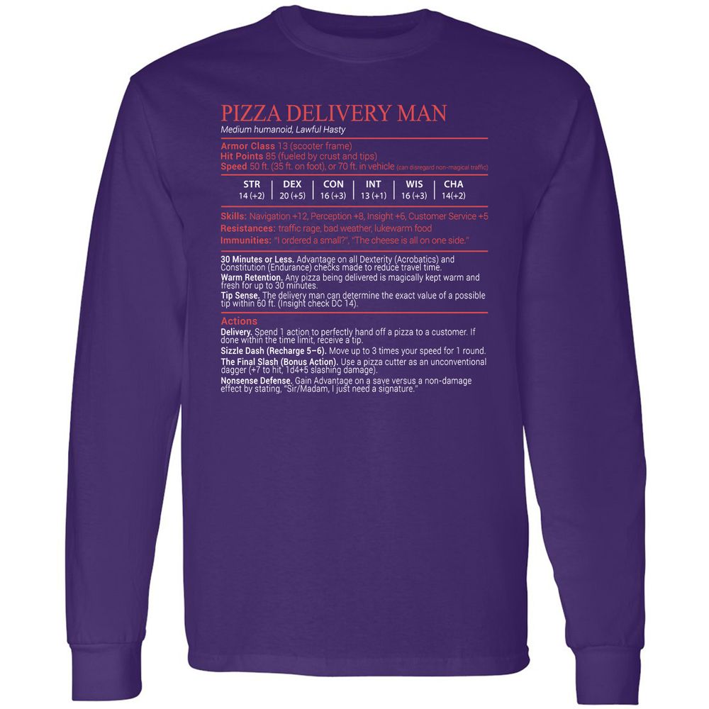 Pizza Delivery Man Stats Block Long Sleeve T-Shirt - Purple - 12