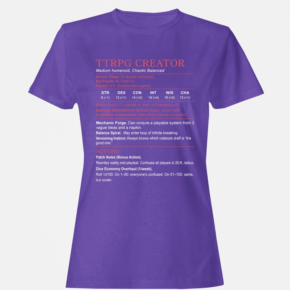TTRPG Creator Stats Women's T-Shirt - Purple - 12