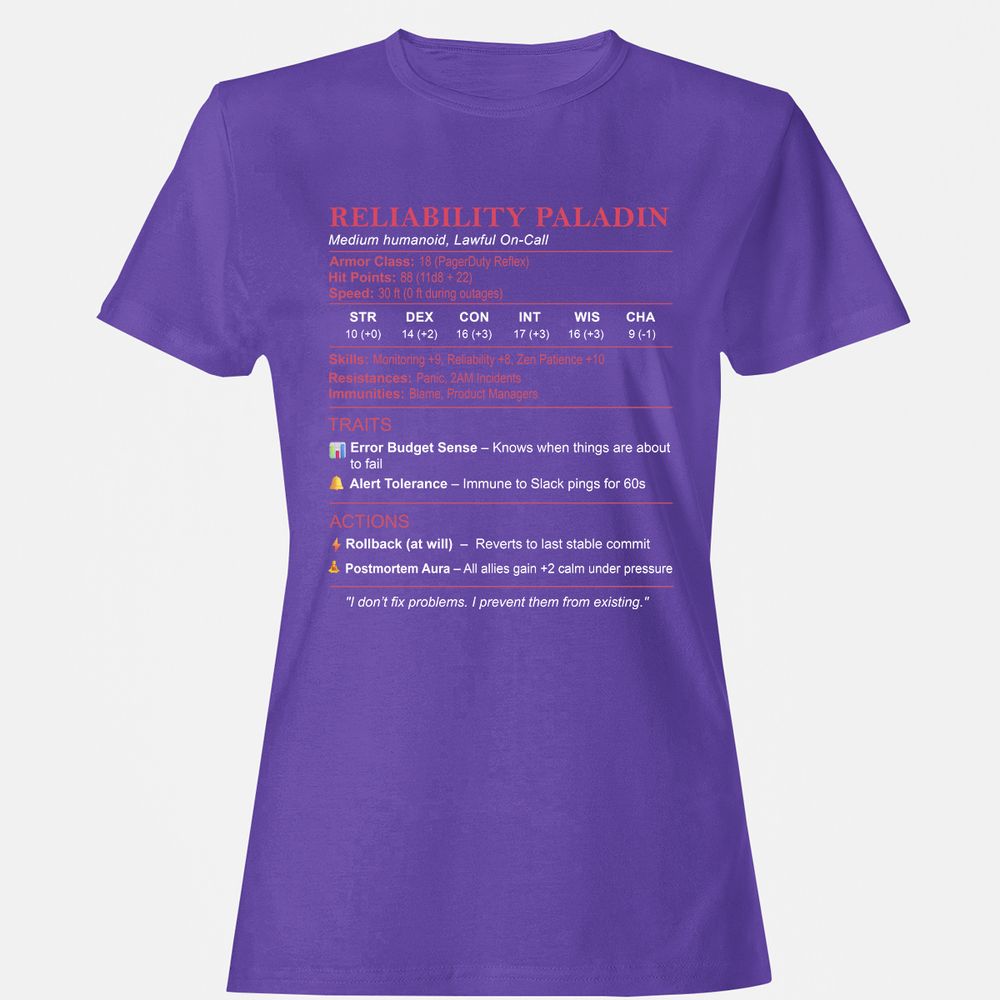 SRE Stats (Reliability Paladin) Women's T-Shirt - Purple - 12