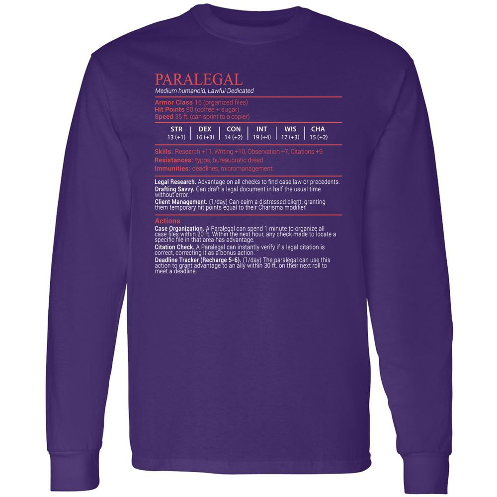 Paralegal Stats Block Long Sleeve T-Shirt - Purple - 12